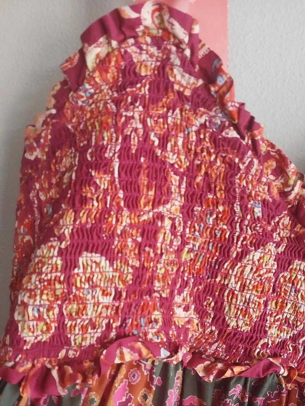 Free People Bluebell Magenta Floral Ribbon Tie Smocked Tiered Boho Maxi Dress
